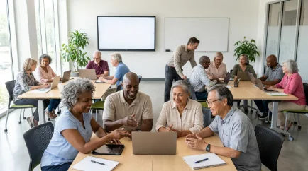 Older learner at a device, capable