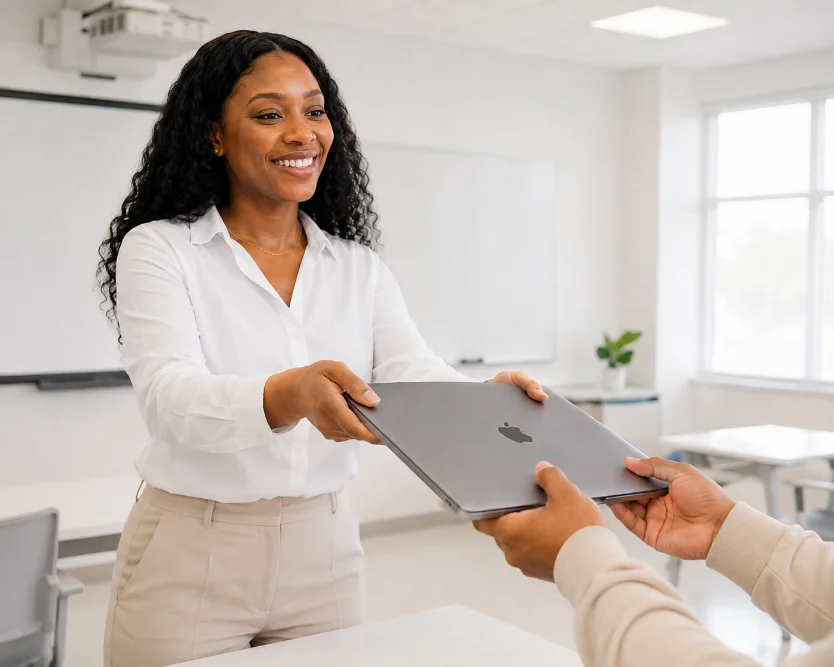A laptop going into a learner's hands